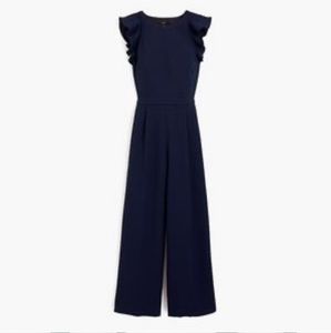 J crew size 10 navy wide leg Jumpsuit with ruffle shoulders